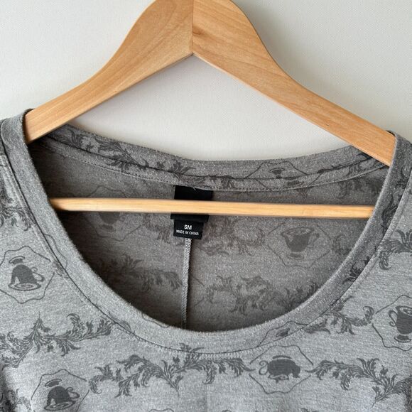 Disney Hot Topic Beauty & The Beast Gray Blouse Shirt Side Tie Mrs Potts Chip SM - Picture 4 of 11